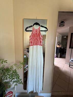 Jealous Tomato Geometric Print Halter Maxi Dress in Orange and White, Size Small